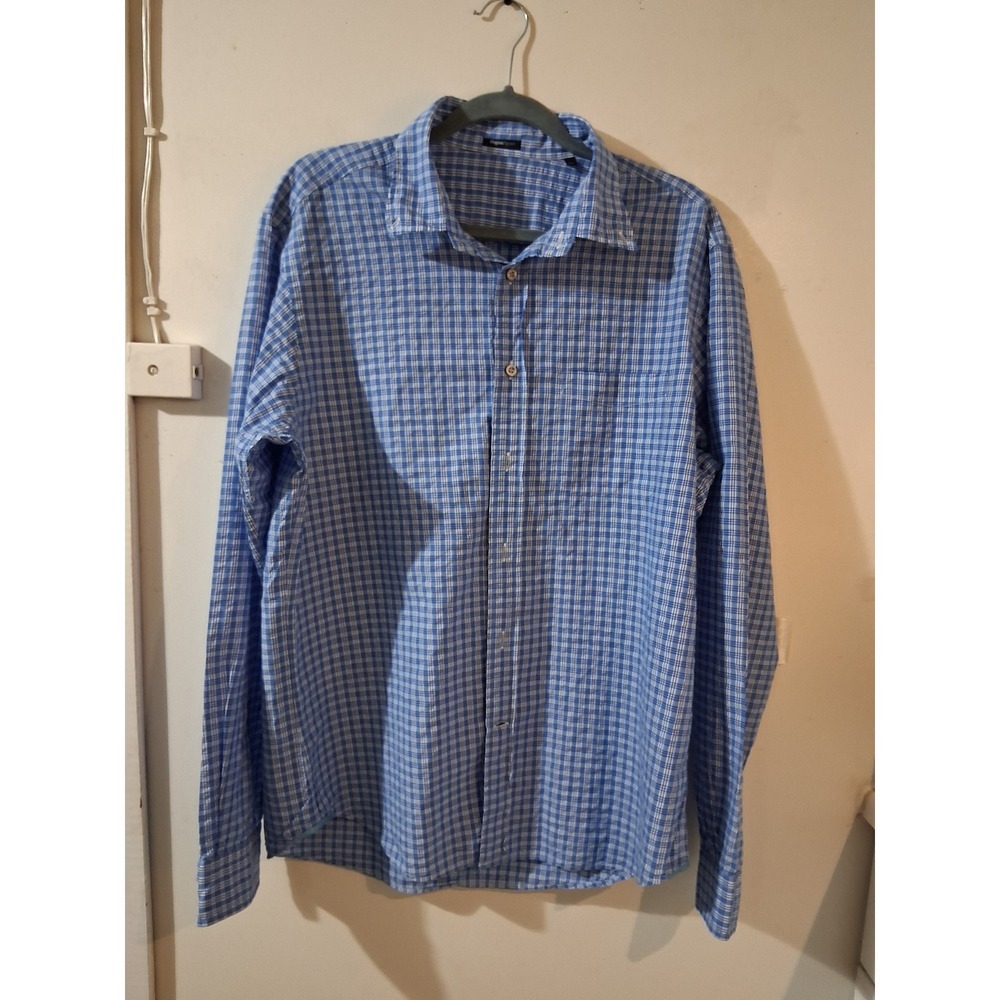 Zegna Sport Mens XXL Blue White Plaid Tapered Fit Long Sleeve Button Down Shirt